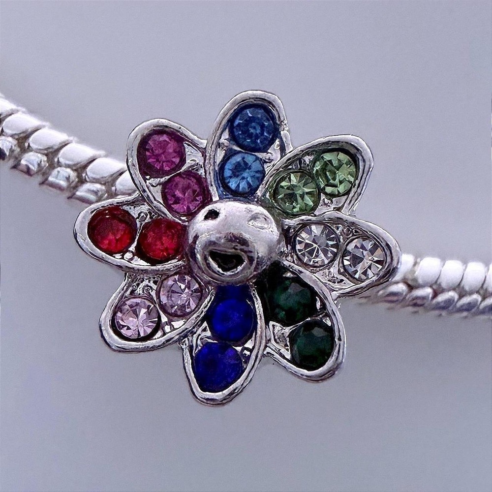 Pandora-like Silver Bead Charm Fits Snake Chain Bracelet Rainbow Flower Smiley